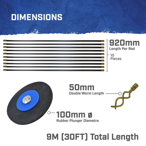 Heavy Duty Drain Cleaning Rods 9 Meters Long With Ten Flexible Interlocking Tubes Rust Proof Brass Couplings And A Spiral Auger Attachment displayed with dimensions.