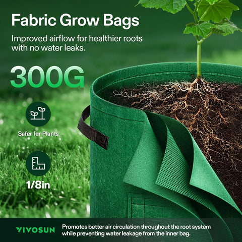 Close-up of Five Pack 7 Gallon Fabric Potato Grow Bags with Handles showing breathable material with plant inside