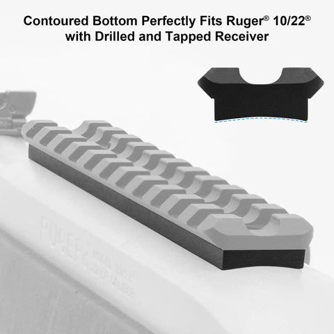 Heavy Duty Ruger 10/22 Picatinny Rail Mount With Sleek Matte Black Finish Machine Milled From Solid Aircraft Aluminum, contoured bottom view.