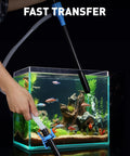 SMART JERRY battery-powered liquid transfer pump with locking clip; black body, blue accents for aquarium use.