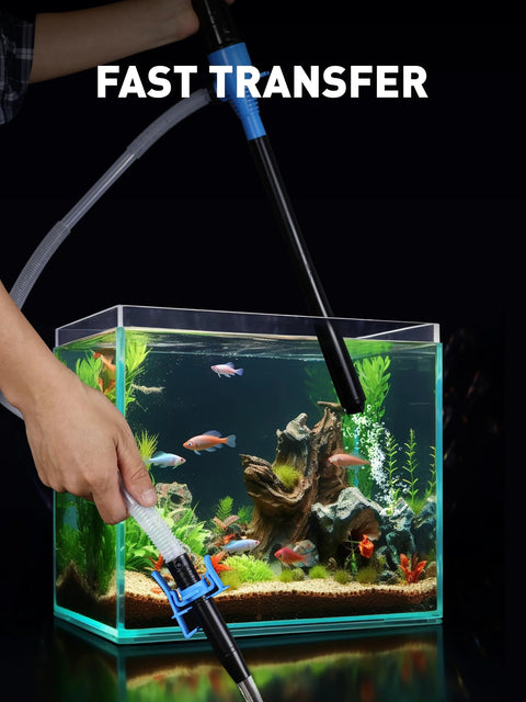 SMART JERRY battery-powered liquid transfer pump with locking clip; black body, blue accents for aquarium use.