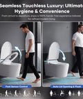 Hands Free Foot Operated Wall Mount Smart Toilet With Automatic Bidet Heated Seat Touchless Auto Flush; foot sensor control and auto lid.