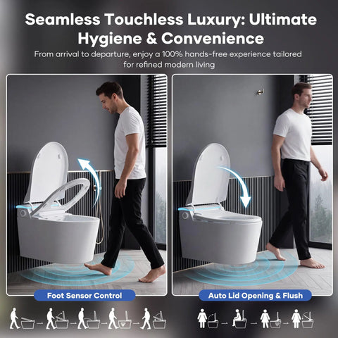 Hands Free Foot Operated Wall Mount Smart Toilet With Automatic Bidet Heated Seat Touchless Auto Flush; foot sensor control and auto lid.