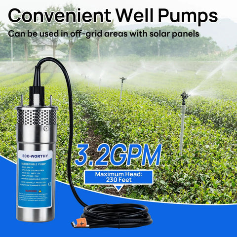 12V DC Submersible Deep Well Pump With 3.2 GPM Max Flow And 230 Ft Max Head, Solar Or Battery Powered For Well Water