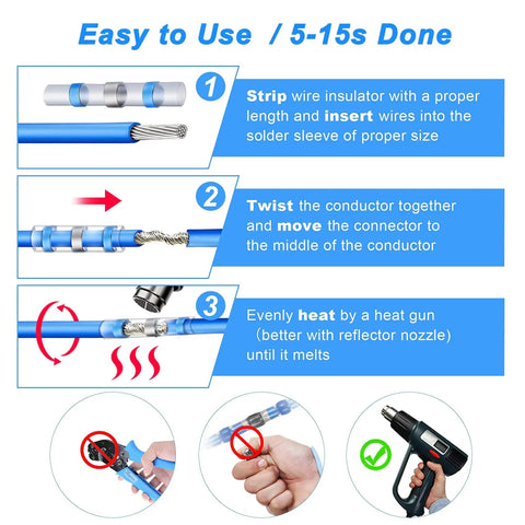 Step-by-step guide for using the 160-Piece Solder Seal Wire Connectors Kit Waterproof Solderless Crimpless Heat Shrink Butt Terminals.