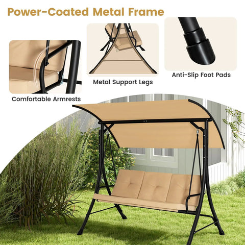 3-Seat Outdoor Porch Swing With Adjustable Canopy And Weatherproof Cover, thick cushions, padded armrests on metal frame