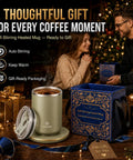 Gotta Have This Self Stirring Heated Coffee Mug With 10 Oz Auto Magnetic Mixing Cup Sage Green One Touch Electric Blender for clump-free coffee next to gift box.