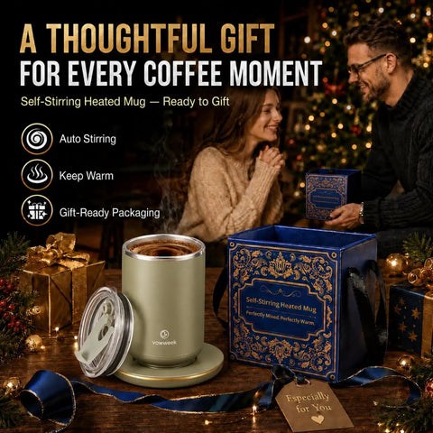 Gotta Have This Self Stirring Heated Coffee Mug With 10 Oz Auto Magnetic Mixing Cup Sage Green One Touch Electric Blender for clump-free coffee next to gift box.