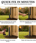 Steps showing Tough As Nails Fence Post Repair Kit installation, featuring heavy-duty steel anchor stakes and drill for wooden posts.