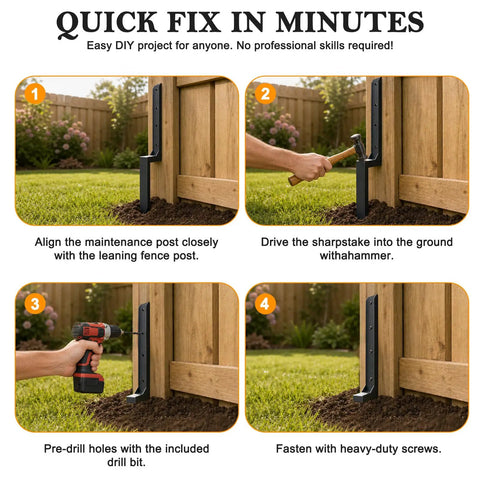 Steps showing Tough As Nails Fence Post Repair Kit installation, featuring heavy-duty steel anchor stakes and drill for wooden posts.