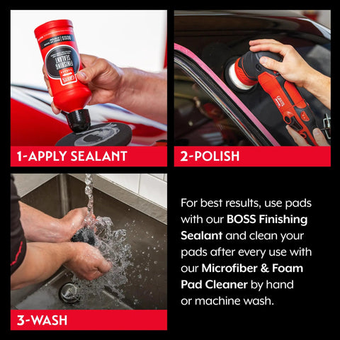 Three Inch Pro Grade Black Foam Finishing Pads For Car Polishing And Detailing in use with sealant application, polishing, and washing.