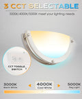 12 Inch Dimmable LED Wall Sconce With Adjustable 3000K 4000K 5000K Color Temperature, CRI 90 High Color Rendering, ETL Listed Half Moon Brushed Nickel Wall Light For Hallway And Living Room Vibe, showing 3 CCT options and toggle switch.