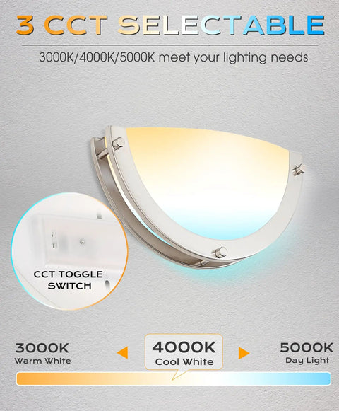 12 Inch Dimmable LED Wall Sconce With Adjustable 3000K 4000K 5000K Color Temperature, CRI 90 High Color Rendering, ETL Listed Half Moon Brushed Nickel Wall Light For Hallway And Living Room Vibe, showing 3 CCT options and toggle switch.
