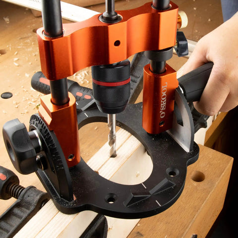 Portable Multi Angle Drill Guide with 60 Degree Adjustable Stand used on wood for precise hole alignment, includes center guide.