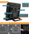 Back view of Wireless Color Forecast Station showing battery backup, wall hanging, and stand features with dimensions.