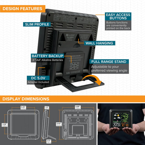 Back view of Wireless Color Forecast Station showing battery backup, wall hanging, and stand features with dimensions.