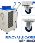 Heavy Duty Portable Air Conditioner 18,700 BTU Industrial Spot Cooler with removable casters and brakes for easy transport.