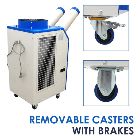 Heavy Duty Portable Air Conditioner 18,700 BTU Industrial Spot Cooler with removable casters and brakes for easy transport.