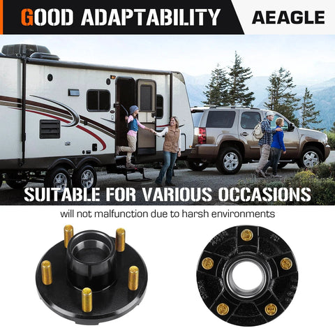 AEagle black trailer hub kit, 2 sets of 5-lug idler hubs on 4.5 in bolt circle; includes inner and outer bearings.