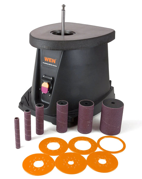 Powerful 3.5 Amp Oscillating Spindle Sander With 58 OPM At 2000 RPM showing accessories and dust collection port