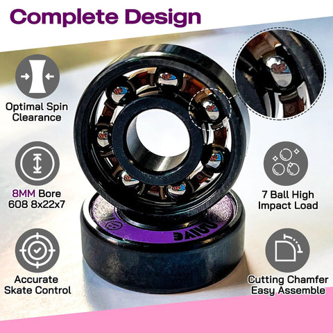 Close-up of Skateboard Bearings 8mm 8 Pack Pro Grade ABEC 608 Set For Longboards Cruisers Surfskates Inline Skates Neon Purple