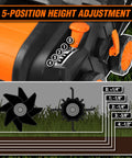 Two In One Electric Dethatcher And Scarifier with 5-position height adjustment and 16-inch clearing path, detailed view.