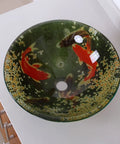 Koi And Lily Pond Glass Vessel Sink With Tempered Glass, 16.5 Inch Diameter By 5.75 Inch High, depicting koi and lilies