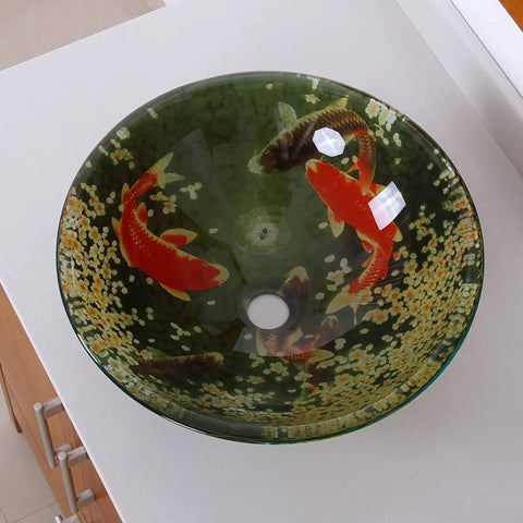 Koi And Lily Pond Glass Vessel Sink With Tempered Glass, 16.5 Inch Diameter By 5.75 Inch High, depicting koi and lilies