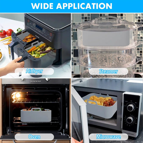 Two Pack Air Fryer Silicone Liners Nonstick Reusable Basket Liners Food Safe And Heat Resistant Up To 428 Degrees Fahrenheit in use with air fryer, steamer, oven, and microwave.