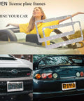 Collage showcasing Sparkly Rhinestone License Plate Frames 2 Pack Bling Set with cars and decorative frames.