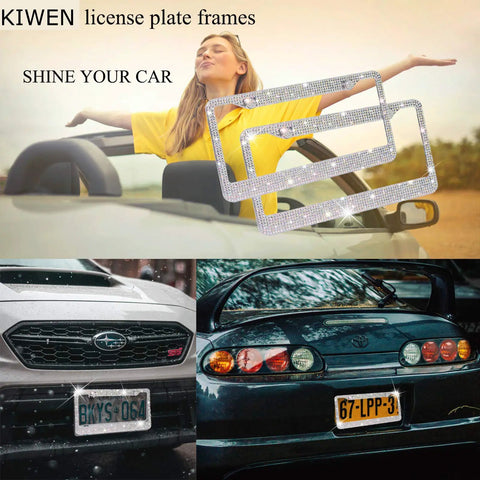 Collage showcasing Sparkly Rhinestone License Plate Frames 2 Pack Bling Set with cars and decorative frames.