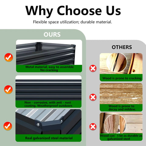 Comparison chart showing benefits of galvanized raised garden bed with legs against wood alternatives.