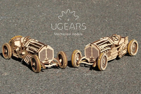 Dope Mechanical Grand Prix Car Wooden 3D Puzzle 348 Parts Build 13.8 Inch Model With Realistic V8 Engine Moving Fan 16 Valves Three Transmission Modes Rubberized Wheels Spring Front Fork Vintage Racer Look wooden model on asphalt