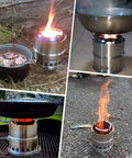 Collage of stainless steel wood-burning camping stove in various outdoor settings
