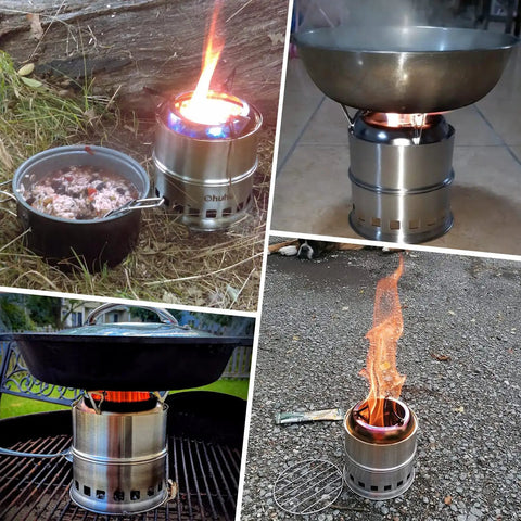 Collage of stainless steel wood-burning camping stove in various outdoor settings