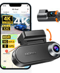 4K Front And Rear Dash Cam With GPS And 5G WiFi Night Vision Radar Motion Detection shown with UI on smartphone display