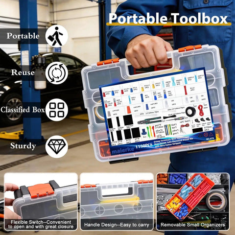 Person holding All In One Pro Grade 1180 Piece Wire Connectors And Terminal Kit with case in workshop setting.