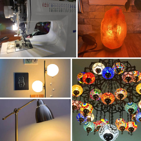Super Bright Dimmable E12 C7 Led Bulbs In Warm White 2700k That Replace 40 Watt Halogen Ones illuminating a sewing area, lamp, chandelier, and salt lamp