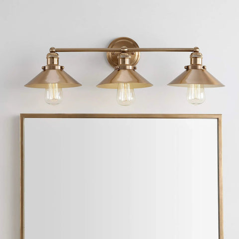 Brass Gold 3 Light Industrial Farmhouse Vanity Wall Sconce With Metal Shade For Bathroom Kitchen And Entryway Modern Sleek Dope Illumination With LED Bulbs Included Perfect Mirror Light