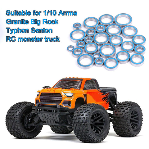 26 Piece Steel Sealed Ball Bearing Kit For Arrma Big Rock Typhon Granite Senton 1/10 RC Trucks shown with orange RC truck