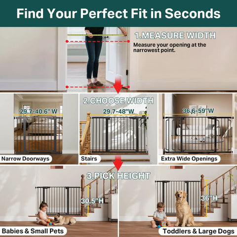 Diagram showing Extra Wide Baby Gate For Stairs And Pets, 30.5-Inch Tall, Adjustable 29.7 To 50-Inch Wide, in various home settings.