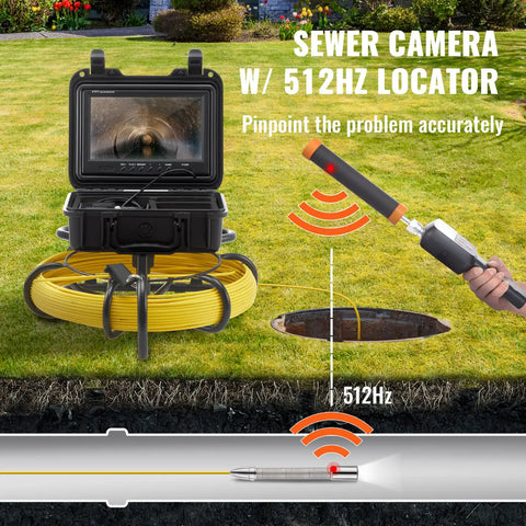 Sewer Inspection Camera Pro Grade With 512Hz Locator, 165 Feet Cable, 9 Inch LCD Screen, DVR Function, IP68 Waterproof Camera With 12 Adjustable LEDs, 16GB SD Card, Perfect For Home Plumbing, Ducts, And Pipe Runs, shown with locator and cable reel