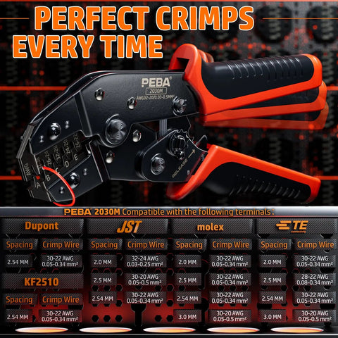 Ratcheting Micro-Fit 3.0 Crimping Tool Kit With 2-10 Pin Dual Row Plug And Receptacle Set shown with comparison chart