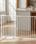 Super Wide Baby Gate 57.5 to 62 Inch White Metal Pressure Mounted Indoor Safety Gate separating kitchen from living area