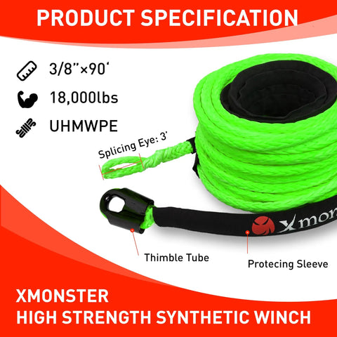 HMPE Synthetic Winch Rope 3 Eighths Inch by Ninety Feet with Black Protective Sleeve for UTV ATV Winch Up to 18,000 Lbs Heavy Duty Green for Off Road Recovery and Tough Weather Ready Winching