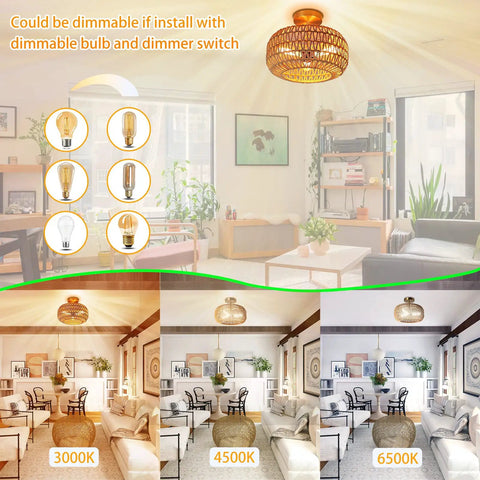 Boho Rattan Ceiling Light Fixture 3 Light 12.6 Inch Antique Brass Handmade Woven Semi Flush Mount demonstrating lighting options