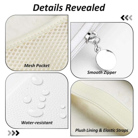 Details of Portable Charger Case And Tech Pouch Travel Organizer Clutch Cable Bag In Clean White, showing mesh pocket, smooth zipper, and water-resistant material.