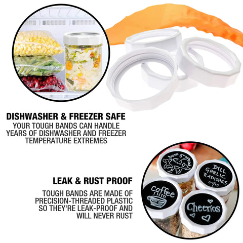 Dishwasher and freezer safe Rugged Plastic Mason Jar Screw Bands For Regular Mouth Lids Rust Free Replacement Rings.