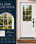 32 By 80 Inch White Primed Fiberglass Front Entry Door Slab Smooth Texture Nine Lite Clear Low E Glass Left Hand Inswing with handle on porch.