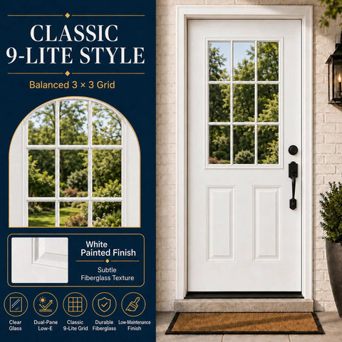 32 By 80 Inch White Primed Fiberglass Front Entry Door Slab Smooth Texture Nine Lite Clear Low E Glass Left Hand Inswing with handle on porch.